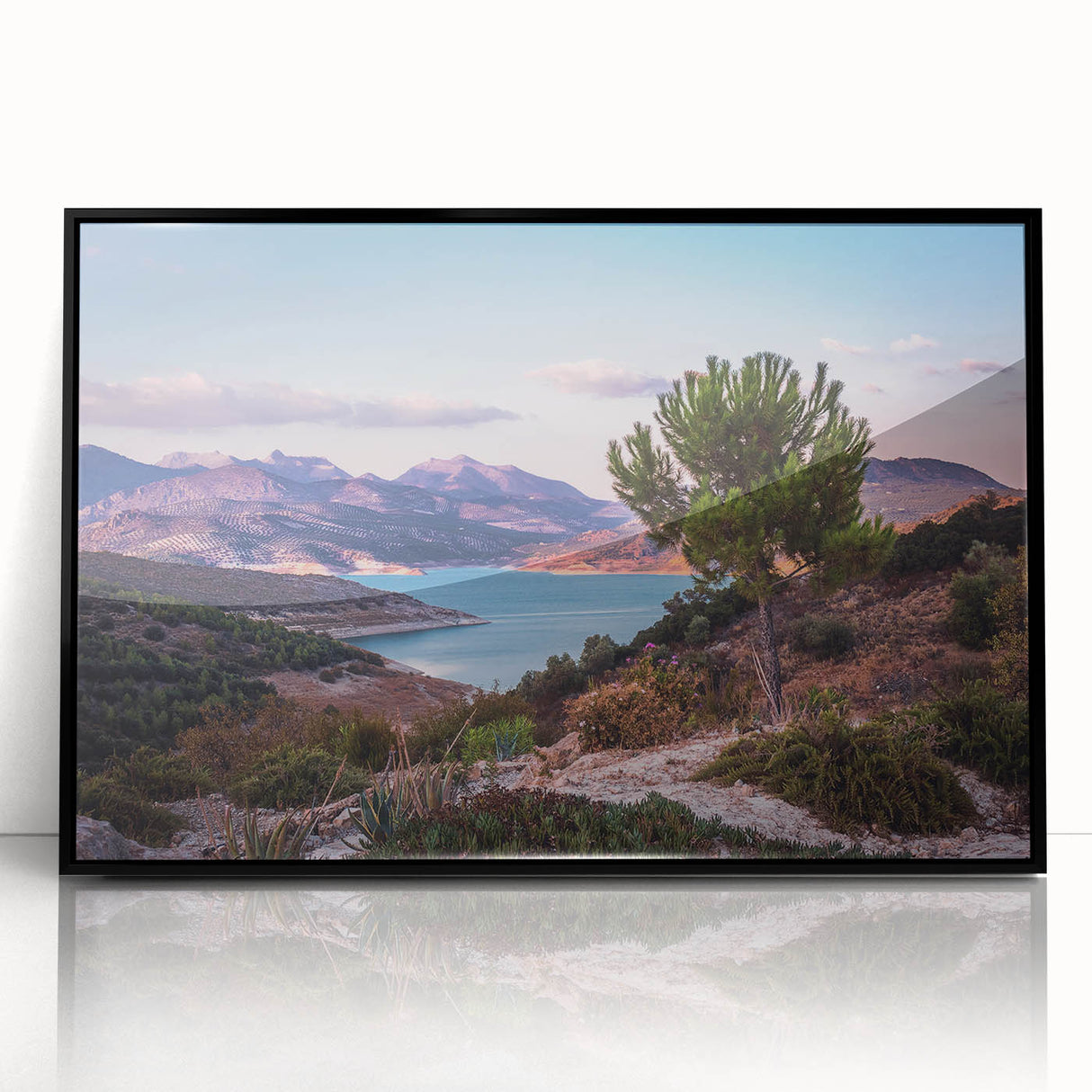 Large abstract wall art depicting the Andalucian scenery in Spain, with muted earth tones on a framed acrylic.