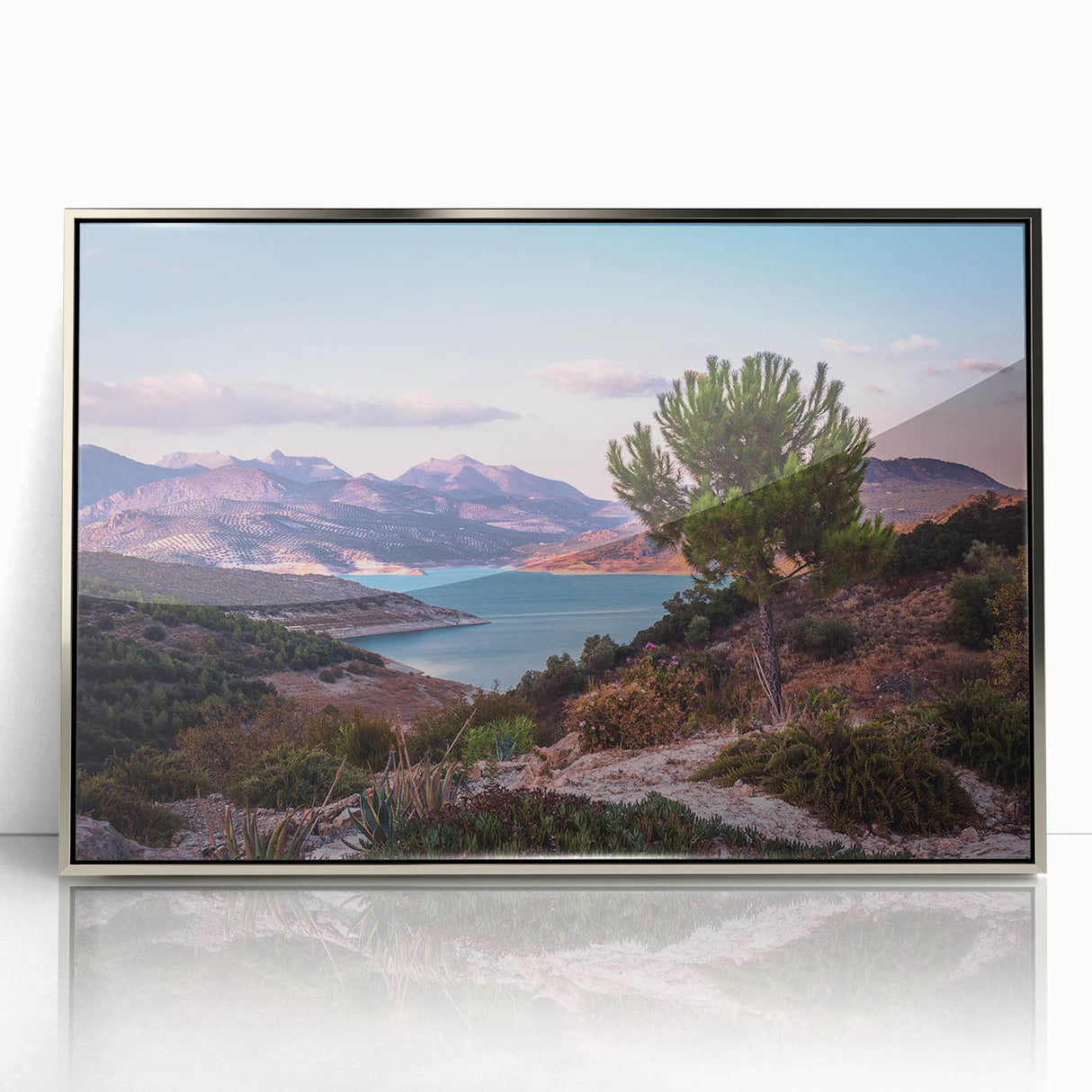 Framed acrylic print of a scenic Andalucian landscape in muted earth tones, ideal for modern art wall decor.