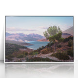 Large art print of Andalucia, Spain scenery in mid-century modernist style, acrylic framed, with soft earth tones.