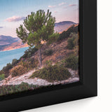 Extra large framed canvas of a textured, colorful Andalucian landscape on black background, ideal for living room decor.