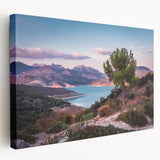 Large stretched canvas featuring a scenic Andalucian landscape in earthy tones, ideal for kitchen wall art.