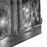 Mid-century modernist art depicting Barcelona skyline in muted earth tones on large acrylic glass, ideal for dining room art.