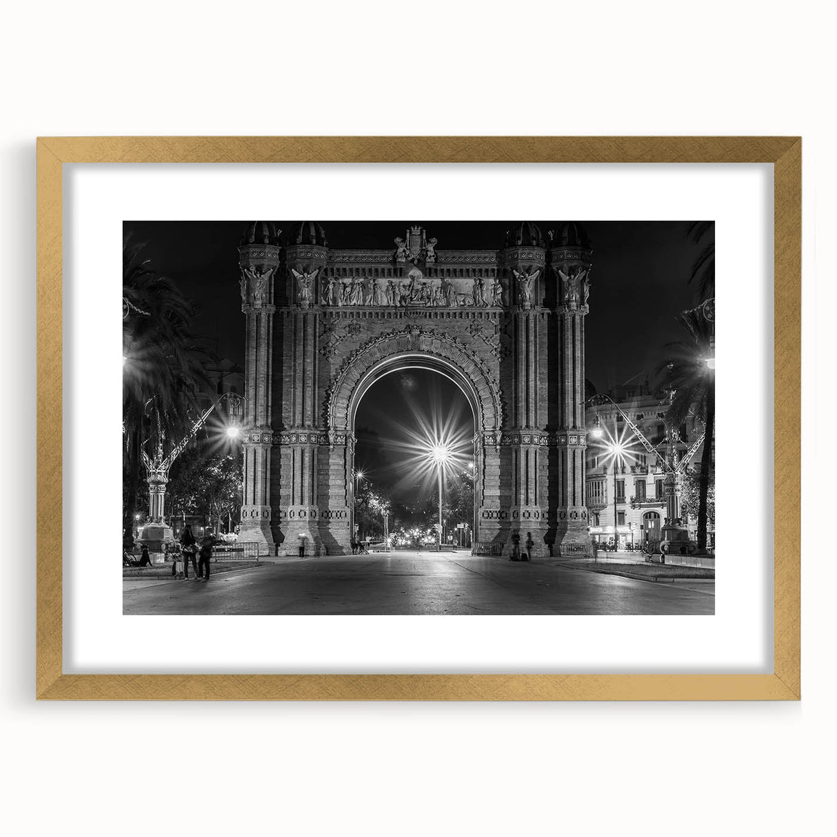 Abstract art print of Barcelona skyline in muted gold and blue tones on a framed canvas, suitable for dining room decor.