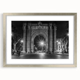 Extra large abstract art print featuring a textured depiction of Barcelona, in muted earth tones, framed in silver.