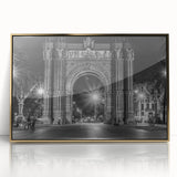 Art Deco poster of Barcelona skyline in gold and black tones on framed acrylic, suitable for modern art wall decor.