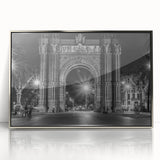 Framed acrylic print of a mid-century modernist Barcelona cityscape in muted earth tones, ideal for modern art wall decor.