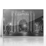 Mid-century modernist art of Barcelona skyline in muted blue and white tones on framed acrylic.