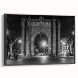 Black and white framed canvas of a vintage Barcelona landscape, ideal for bedroom wall art.