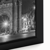 Extra large framed canvas of a textured Barcelona cityscape in black with vibrant colorful accents.