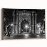Framed canvas of a vintage Barcelona landscape in muted gold and black tones, suitable for bedroom wall decor.