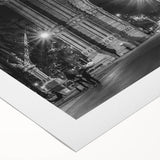 Art deco poster of Barcelona skyline in muted pastel shades on rolled canvas, suitable for dining room wall art.