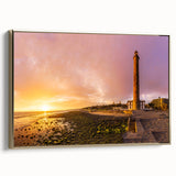 Framed canvas of a vintage-style landscape painting featuring the Canary Islands, with muted gold and black tones.