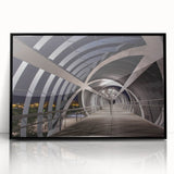 Large abstract wall art depicting a Madrid cityscape in mid-century modernist style, framed in black acrylic.