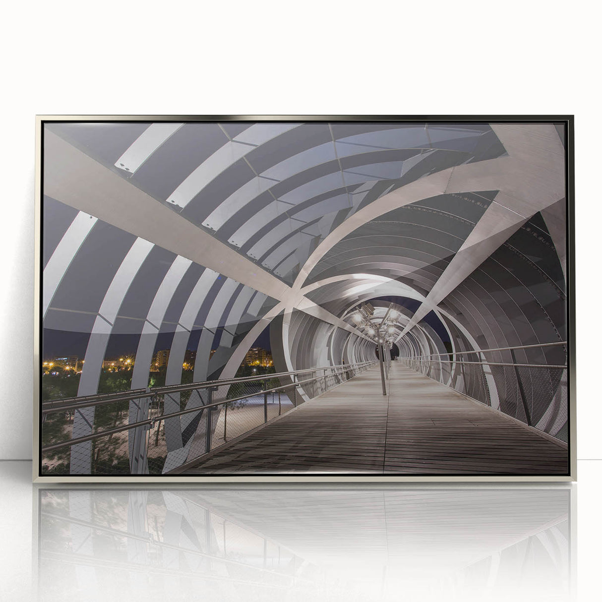 Mid-century modernist art depicting a vibrant Madrid cityscape, printed on a silver-framed acrylic.