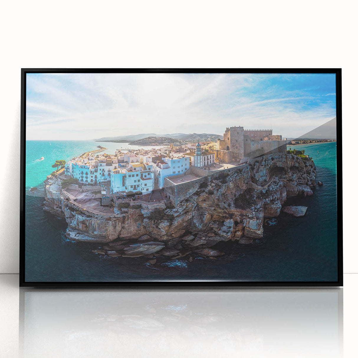 Large abstract wall art depicting a colorful Valencia scenery on a framed acrylic, ideal for modern living room decor.