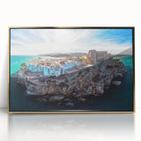 Mid-century modernist acrylic print of a Valencia cityscape in muted gold tones, ideal for modern art wall decor.