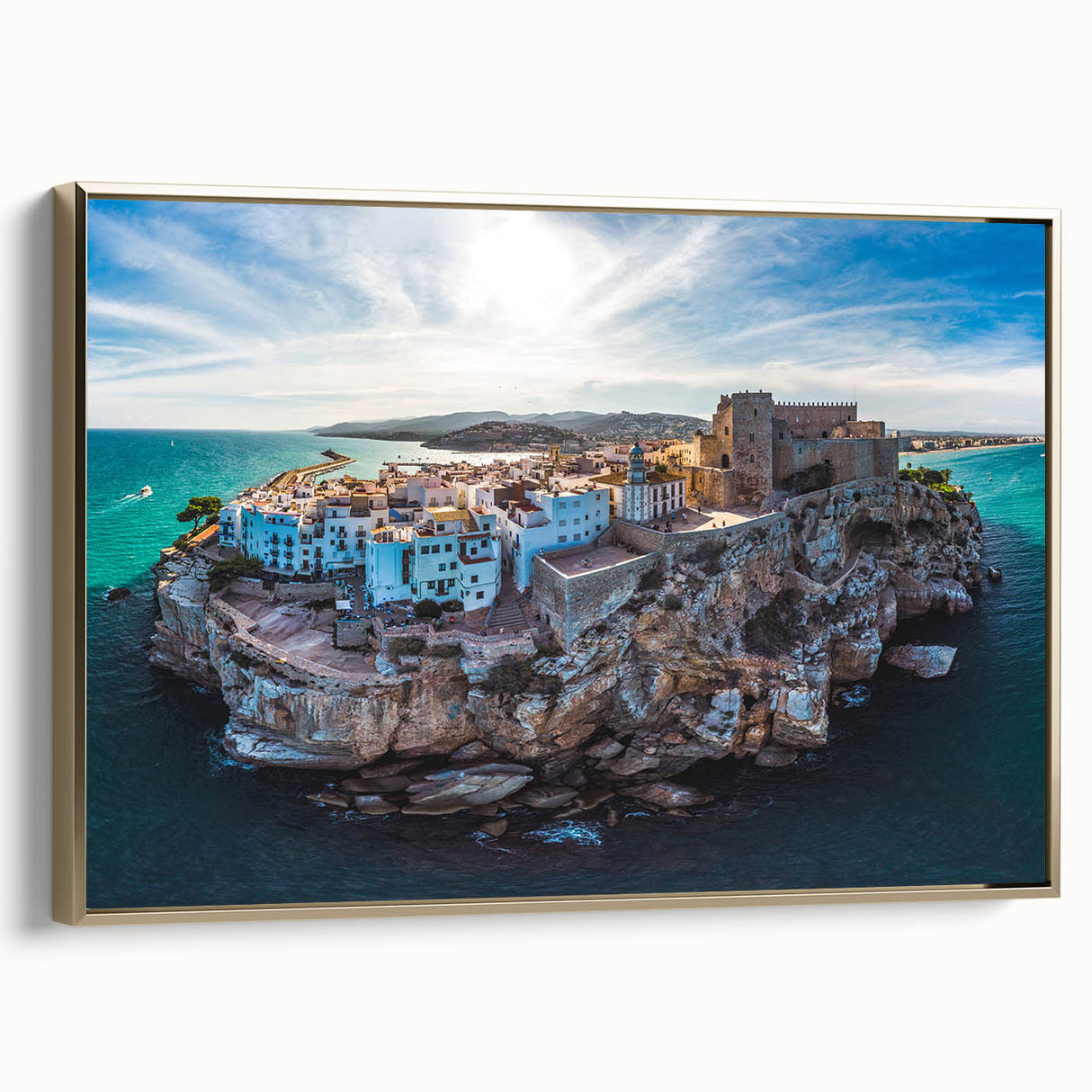 Framed canvas of Valencia landscape in vintage poster style, with muted gold and black tones, ideal for bedroom wall art.