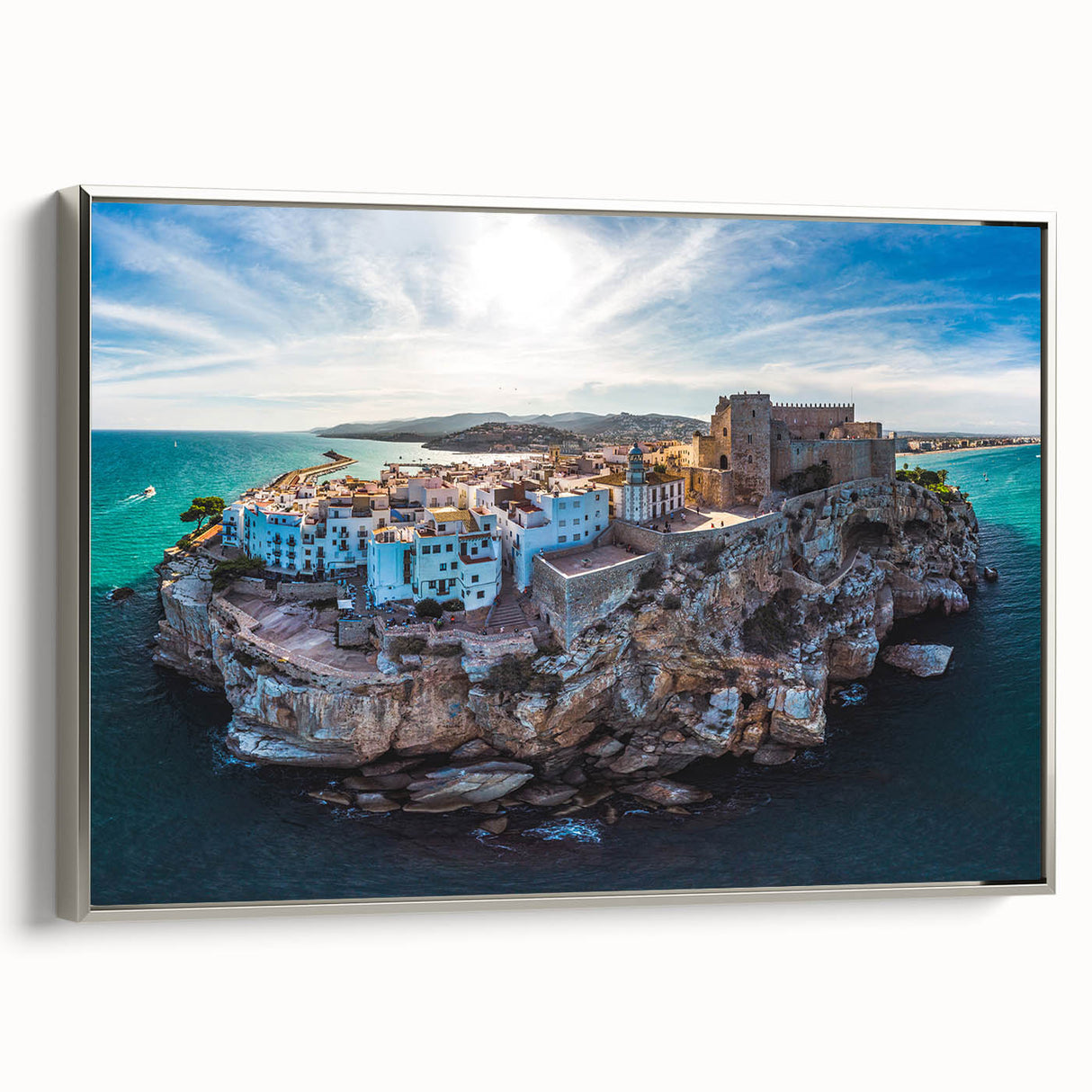 Framed canvas landscape art painting depicting a colorful, vintage-style Valencia scene.