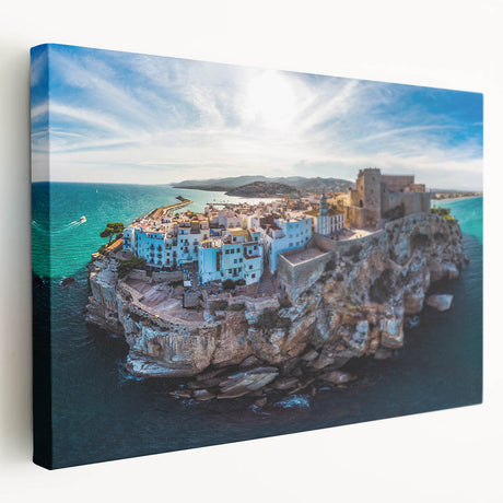 Large canvas print of a European cityscape in Valencia, Spain, featuring muted earth tones, ideal for kitchen wall art.