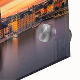 Large abstract depiction of Stockholm on acrylic glass, featuring cool blue and gray tones, suitable as dining room art.