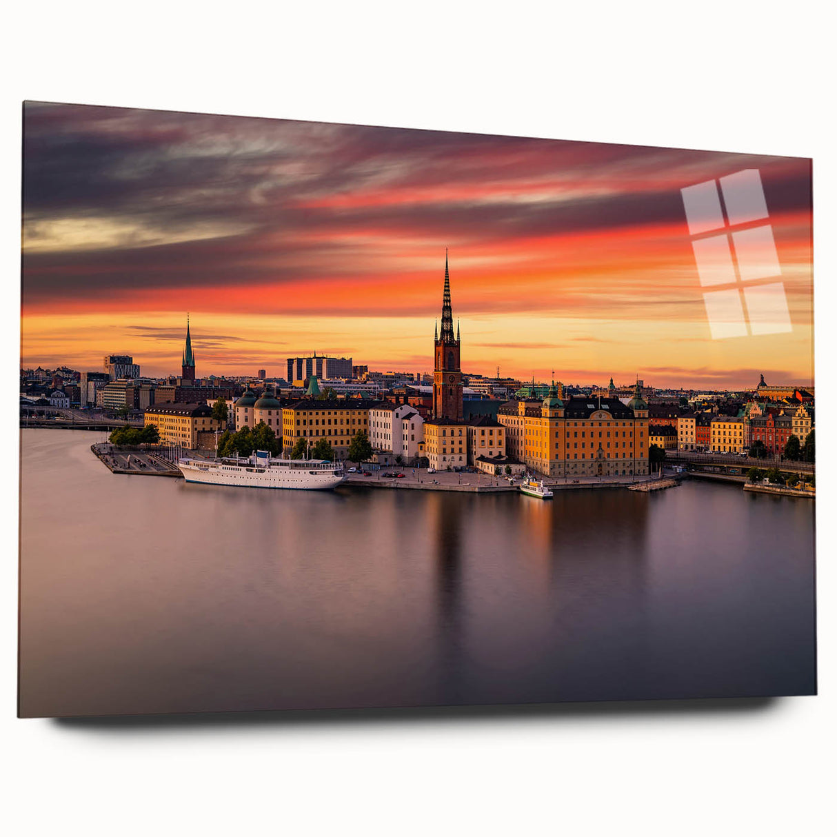 Acrylic print of Stockholm scenery in muted blue and gray tones, suitable for bedroom or dining room decor.