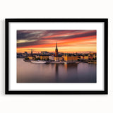 Abstract art print of Stockholm scenery in vibrant colors on a large framed canvas, ideal for living room decor.