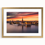 Extra large abstract art print of Stockholm scenery in gold frame, with textured details, ideal for living room decor.