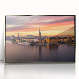 Mid-century modernist art of Stockholm skyline in muted gray and blue tones on framed acrylic.