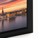 Framed canvas depicting a textured view of Stockholm with muted black and colorful accents, ideal for living room decor.