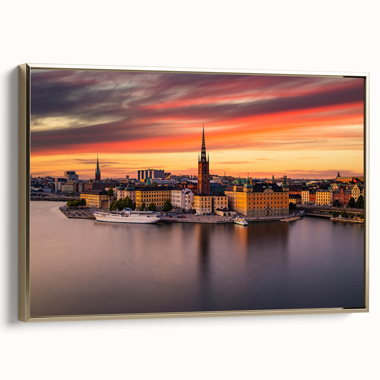 Framed canvas featuring a vintage-style landscape painting of Stockholm with muted gold and black tones.