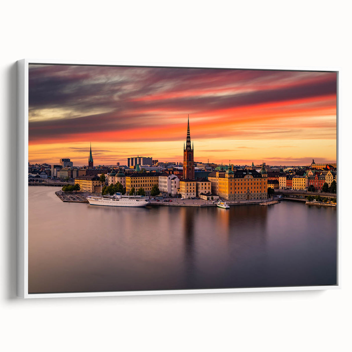 Framed vintage poster art of Stockholm featuring colorful buildings on a black background, ideal for living room decor.