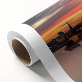 Art deco poster of Stockholm scenery in pastel blue tones on rolled canvas.