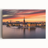 Black and white photograph of Stockholm's skyline on large stretched canvas, ideal for kitchen art.