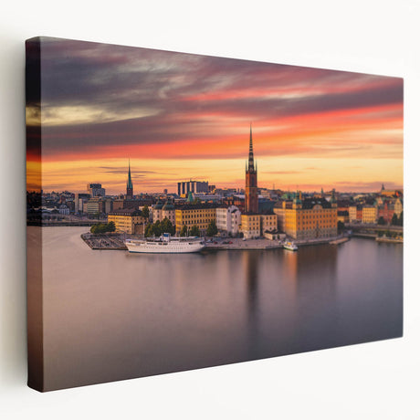 Side view of a stretched canvas depicting a serene Stockholm cityscape in muted blue and grey tones.