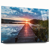 Large abstract wall art of a European scenery in muted blue and green tones on acrylic glass.