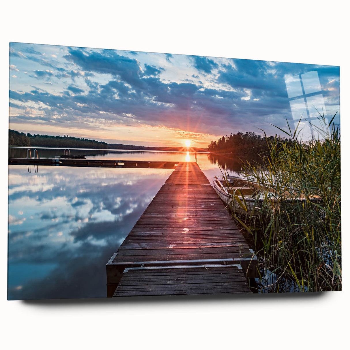 Large abstract wall art of a serene Swedish landscape in muted blues and greens, printed on acrylic glass.