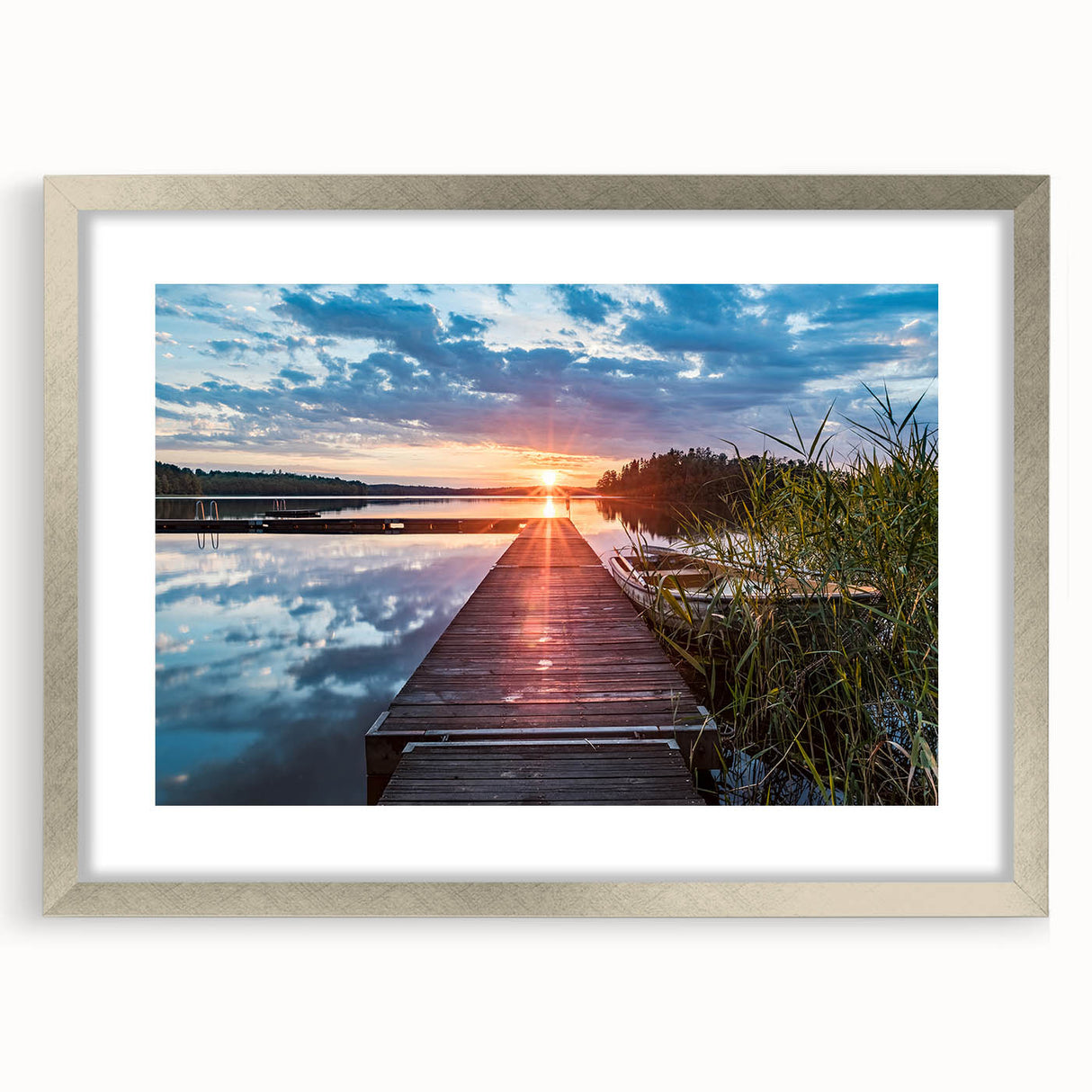 Textured abstract art print of a European scenery in muted earth tones, framed in silver, suitable for bedroom decor.