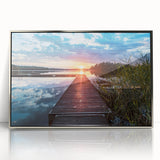 Mid-century modernist art depicting a serene Swedish landscape in muted earth tones, framed in silver acrylic.