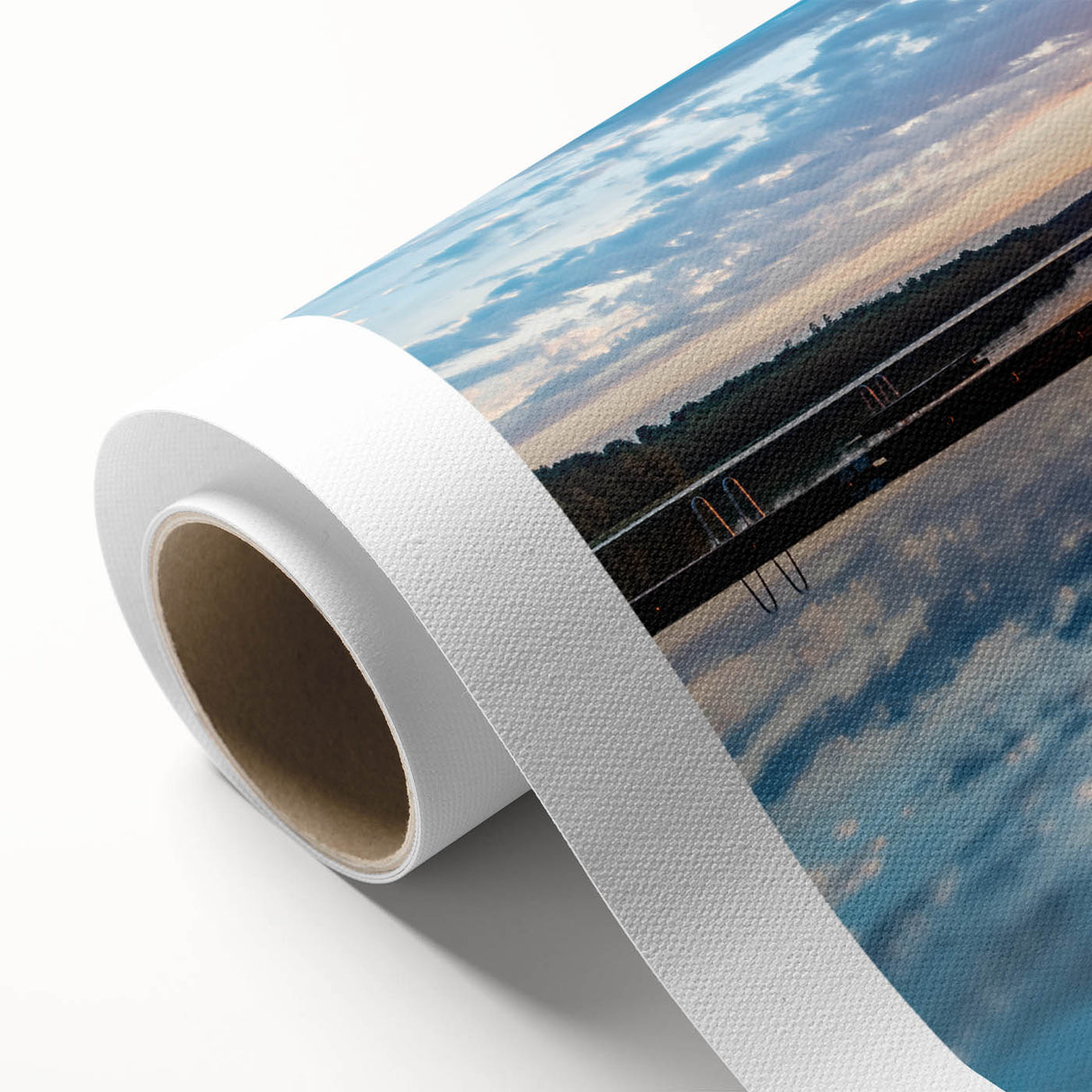 Art Deco poster of a serene Swedish landscape in soft pastel colors, printed on rolled canvas, ideal for nursery wall art.