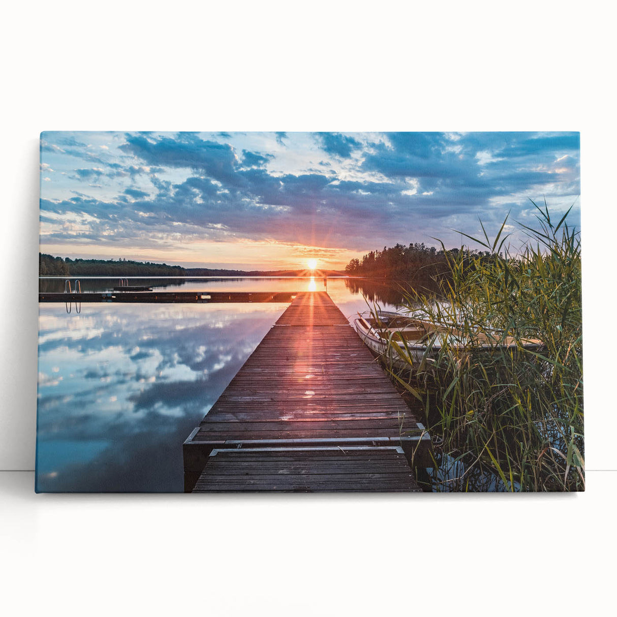 Black and white photograph of a serene Swedish landscape on a large stretched canvas.