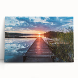 Black and white photograph of a serene Swedish landscape on a large stretched canvas.