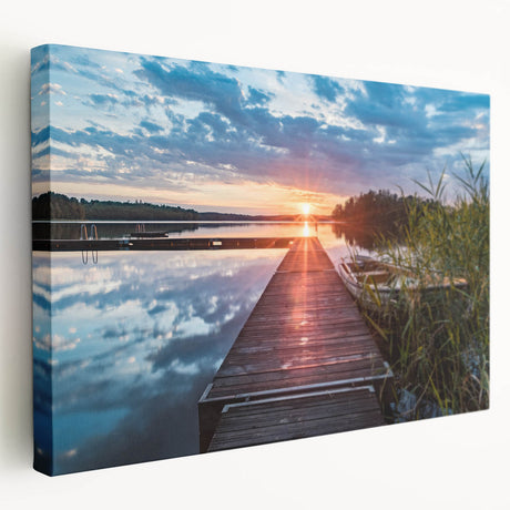 Large art depicting a serene Swedish landscape on stretched canvas, in soft green and blue tones, ideal for kitchen wall art.