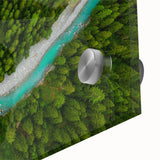 Large abstract wall art depicting a Swiss landscape in mid-century modernist style on acrylic glass.