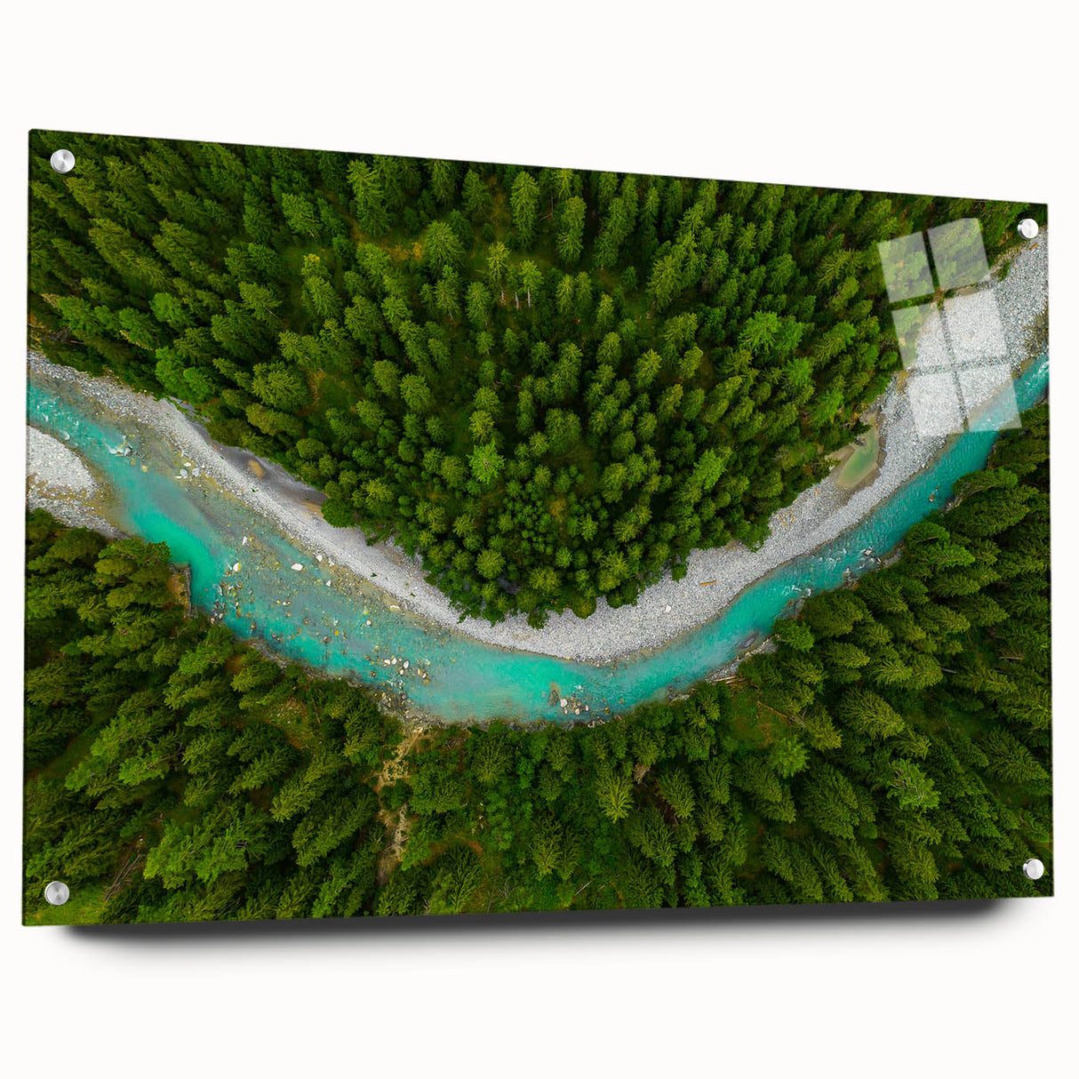 Acrylic print of a European scenery in Switzerland, featuring green landscapes and a blue sky, ideal for dining room decor.