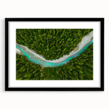 Abstract art print of vibrant, colorful Swiss scenery in a black frame with mat, ideal for living room decor.