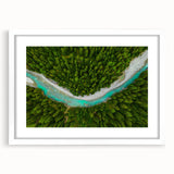 Abstract art print of a European landscape in muted earth tones on a white framed canvas.