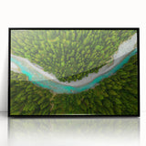 Large abstract wall art of a European Swiss landscape in muted earth tones, framed in black acrylic.