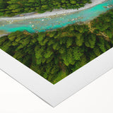 Art deco poster featuring a serene Swiss landscape in muted green and blue tones on rolled canvas.