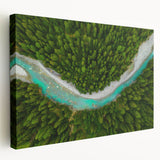 Scenic panoramic view of a Swiss landscape on stretched canvas, with vivid green and blue tones, ideal for kitchen wall art.