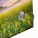 Large abstract wall art depicting a European scenery in mid-century modernist style on acrylic glass.